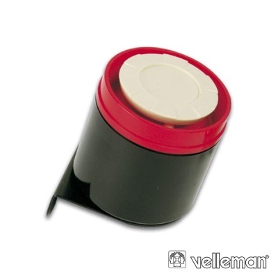 Dispositivo eletrônico compacto preto com detalhes vermelhos e brancos e logotipo velleman