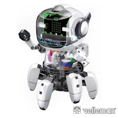 Robot branco translúcido com engrenagens internas coloridas e visor digital