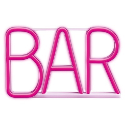 Letreiro néon rosa com a palavra BAR