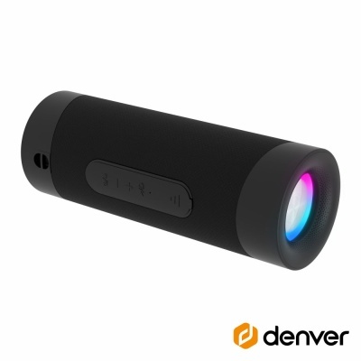 Coluna portátil preta com luz LED colorida e botões de controlo
