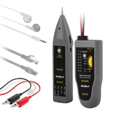 Rastreador de cabos Robtel RB-806R com cables de teste em fundo branco