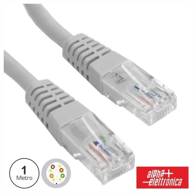 Cabo Ethernet cinza com conectores RJ45 e logótipo alpha elettronica