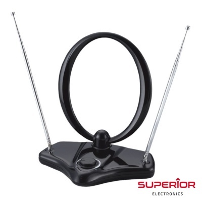 Antena interior preta com antenas telescópicas e base irregular