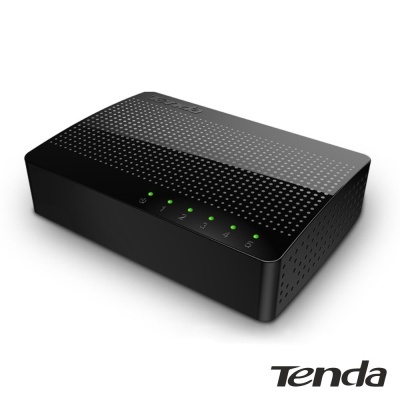 switch de rede preto com LEDs verdes e padrão de pontos da marca Tenda