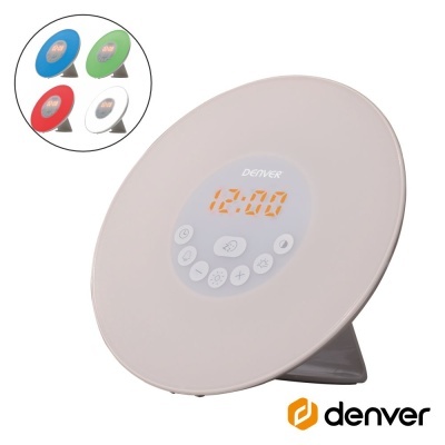 Relógio digital redondo com mostrador LED amarelo e botões brancos, suporte cinza