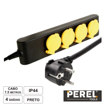 Régua de tomadas preta com 4 saídas e tampas amarelas, cabo de 1,5 metros, marca PEREL TOOLS.