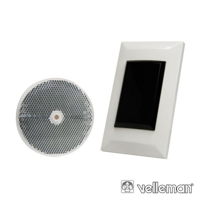 Sensor refletor branco com padrão hexagonal e painel retangular branco com ecrã negro da marca velleman