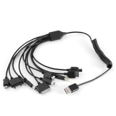 Cabo USB preto com várias extremidades para carregamento e conectividade