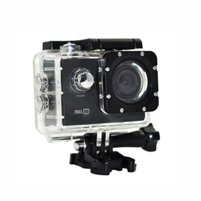 Câmara de ação preta com caixa impermeável transparente e lente frontal