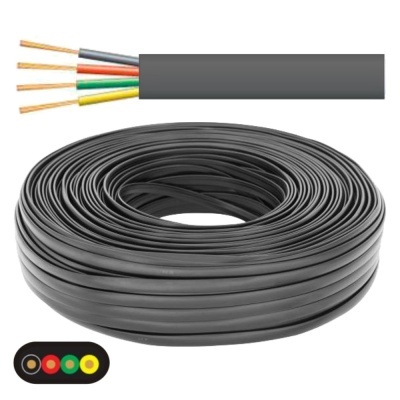 Carretel de cabo elétrico preto com fios coloridos expostos