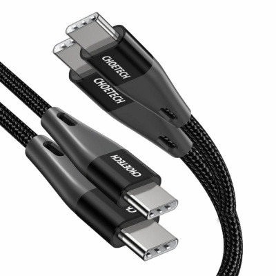 Cabo USB tipo C preto com revestimento nylon trançado e marca CHOETECH