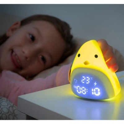 Relógio digital infantil em forma de pintinho amarelo com visor LED azul