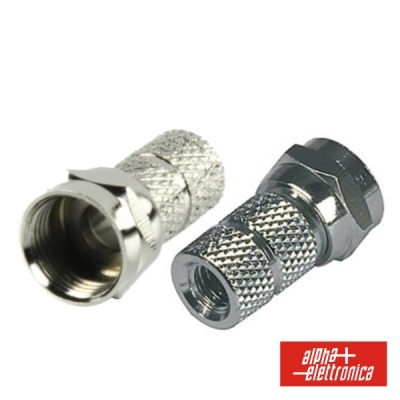 Conectores coaxiais metálicos prateados com textura canelada e logo alfa elettronica.