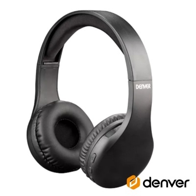 Auscultadores wireless pretos da Denver com almofadas acolchoadas e logótipo na haste