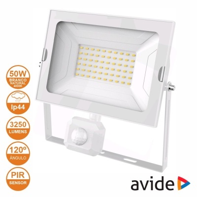 Refletor LED branco com sensor PIR e ícones técnicos laranja