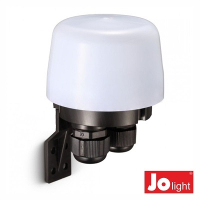 Sensor de luz branco com base preta e suporte, com logo Jolight vermelho