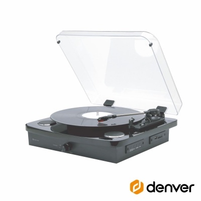 toca-discos preto Denver com tampa transparente aberta e vinil