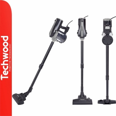 Aspirador vertical preto Techwood com tubo extensível e cabeça retangular em três ângulos