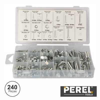 Caixa de parafusos, porcas e arruelas metálicas organizadas em compartimentos