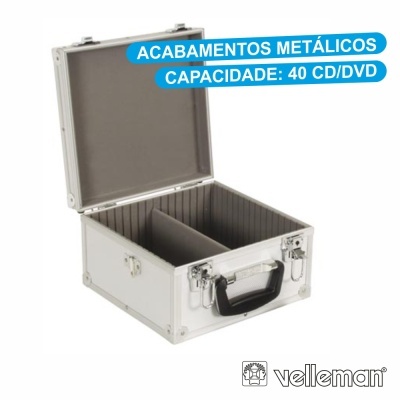 Estojo metálico para 40 CDs ou DVDs com divisórias e acabamento prateado