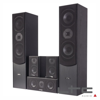 Conjunto de colunas LTC Audio pretas com diferentes tamanhos