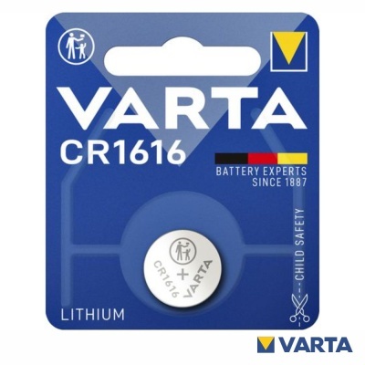Pilhas de lítio CR1616 da marca Varta em embalagem azul.