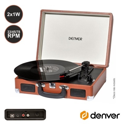 Gira-discos Denver portátil em mala castanha com vinil preto e conexões USB e áudio.