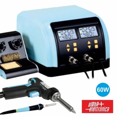 Estação de soldadura eletrónica azul e preta com ferro e ecrãs digitais