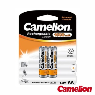 Pack de duas pilhas recarregáveis Camelion AA 1.2V, 1500mAh, com embalagem preta, laranja e branca