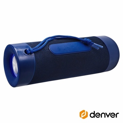 Coluna portátil Bluetooth azul escuro com cordão e painel de controlo da marca Denver