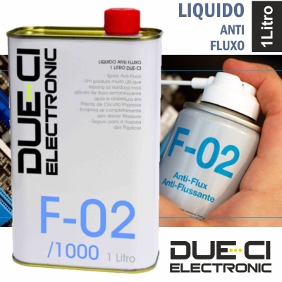 Lata metálica branca com tampa vermelha do produto químico F-02 Anti-Flux da marca DUE.CI ELECTRONIC