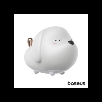 Figura decorativa de cão branco com detalhes em rosa e marrom