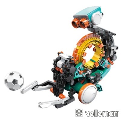 Modelo robótico colorido com bola de futebol e logotipo velleman