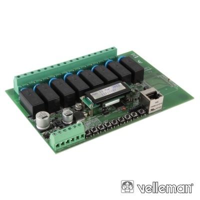 Placa eletrónica com oito relés, display LCD e conector Ethernet, marca Velleman