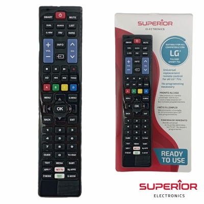 Comando remoto preto da Superior Electronics com botões multicoloridos em embalagem