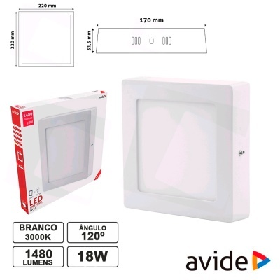 Plafon LED quadrado branco Avide com especificações técnicas