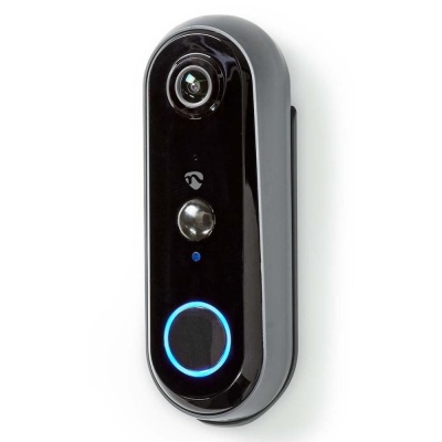 Campainha inteligente preta com botão iluminado azul