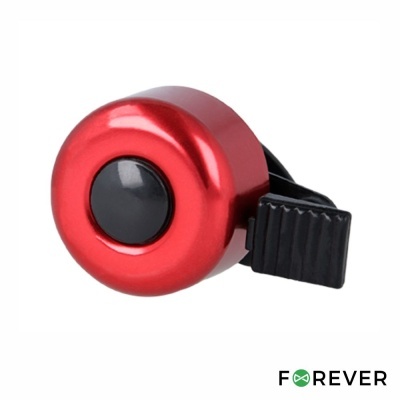 Campainha de bicicleta vermelha com botão preto e suporte preto