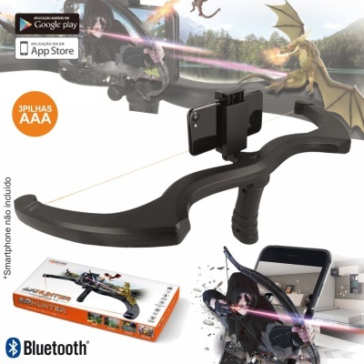 Arco preto com suporte para smartphone, tecnologia Bluetooth, embalagem com dragões e indicação de pilhas AAA