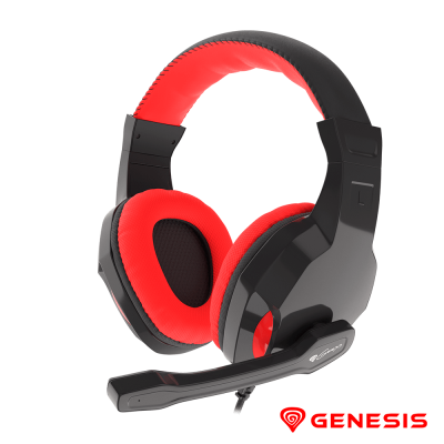 Auricular gaming preto com almofadas vermelhas e microfone