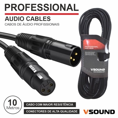 Cabo de áudio profissional VSound preto com conectores XLR, embalagem com texto