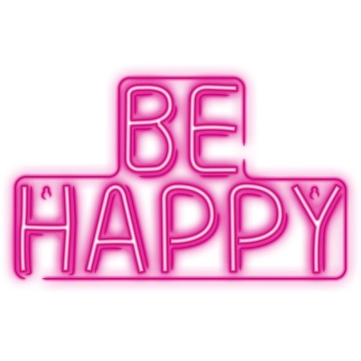 Letreiro neon cor de rosa com texto BE HAPPY