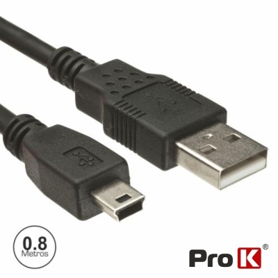 Cabo USB preto com conector tipo A e mini B, marca Pro K, 0.8 metros