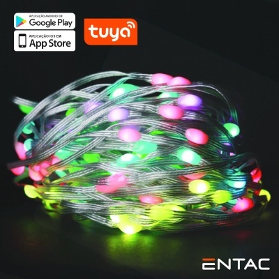 Luzes LED coloridas em fio transparente com logos Google Play, App Store, TUYA e ENTAC