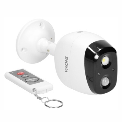 Câmara de vigilância branca e preta com comando remoto branco