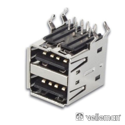 Conector USB duplo com pinos expostos e logótipo velleman