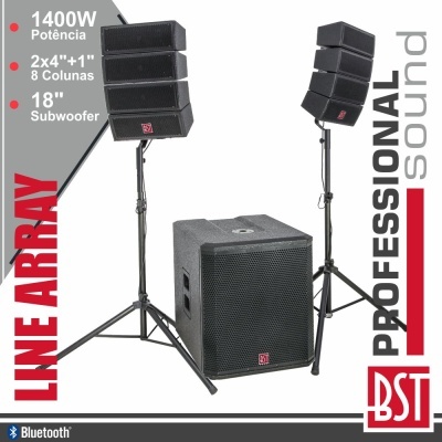 Sistema de colunas de som profissional preto com subwoofer e colunas line array em tripés, texto promocional em fundo cinza e branco