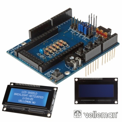 Placa eletrónica azul e displays LCD azuis com texto e logótipo Velleman