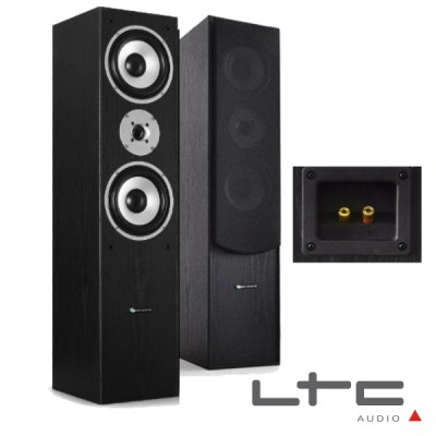 Par de colunas torre LTC Audio pretas com altifalantes visíveis e painel traseiro