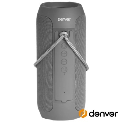 Coluna portátil cinza da marca Denver com botões frontais e corda para transporte